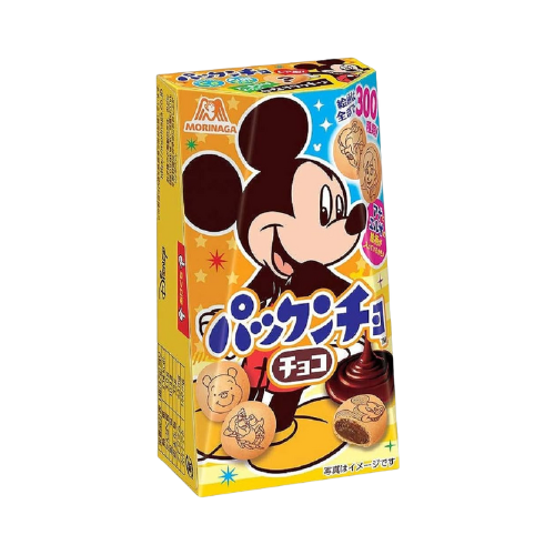 Experience over 100 years of confectionery perfection with Morinaga's Moringa Pakkuncho Chocolate Biscuits. These bite-sized treats feature a pretzel shell and creamy milk chocolate, topped with beloved Disney characters and cute anime designs.