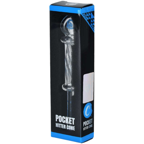 Clear glass pocket hitter cone in a black box with blue accents on a white background