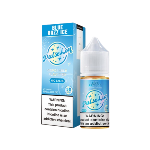 Pulse Liq Blue Razz Ice e-liquid bottle and packaging on a transparent background