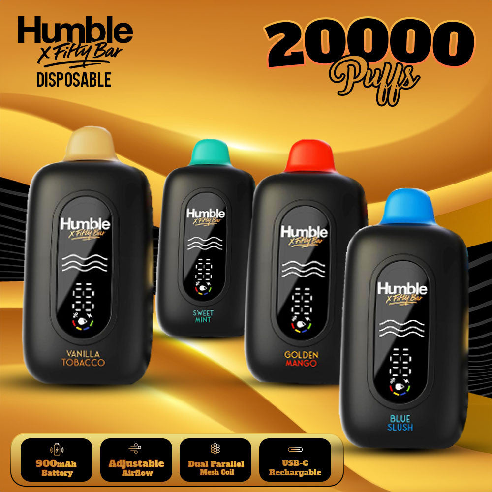 Four black vape devices with colorful tops on a yellow background, featuring the Humble X Fifty Bar brand.