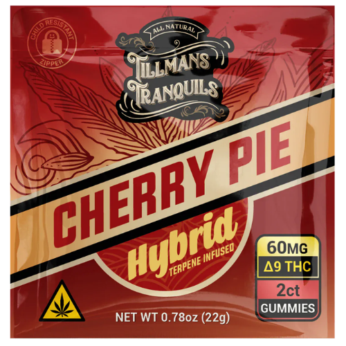 Tillman's Tranquil Cherry Pie Hybrid gummies packaging with branding and product details.