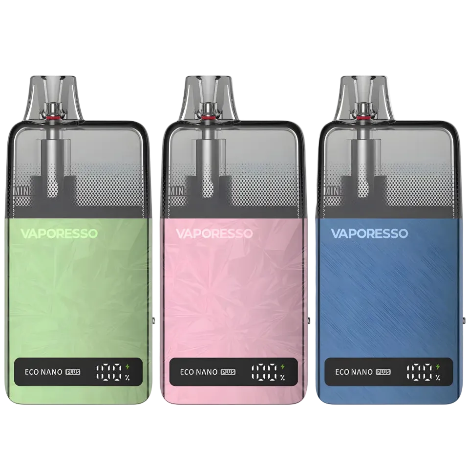 Three Vaporesso devices in green, pink, and blue on a black background