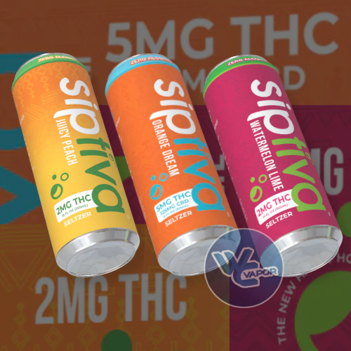 Three Siptiva cans in different flavors on a colorful background with 'WC Vapor' branding.