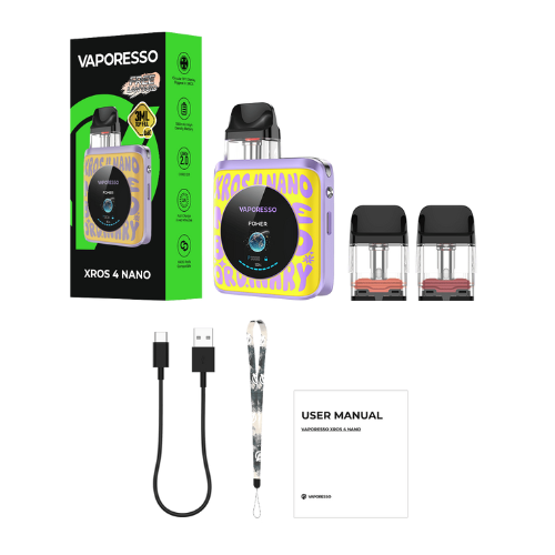The kit includes x1 Vaporesso XROS 4 Nano Device, x1 0.6ohm Pod, x1 0.8ohm Pod, and a Type-C Cable.