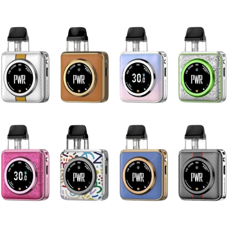Nine different colored Vaporesso XROS Nano devices with 'PWR' display on a clear background