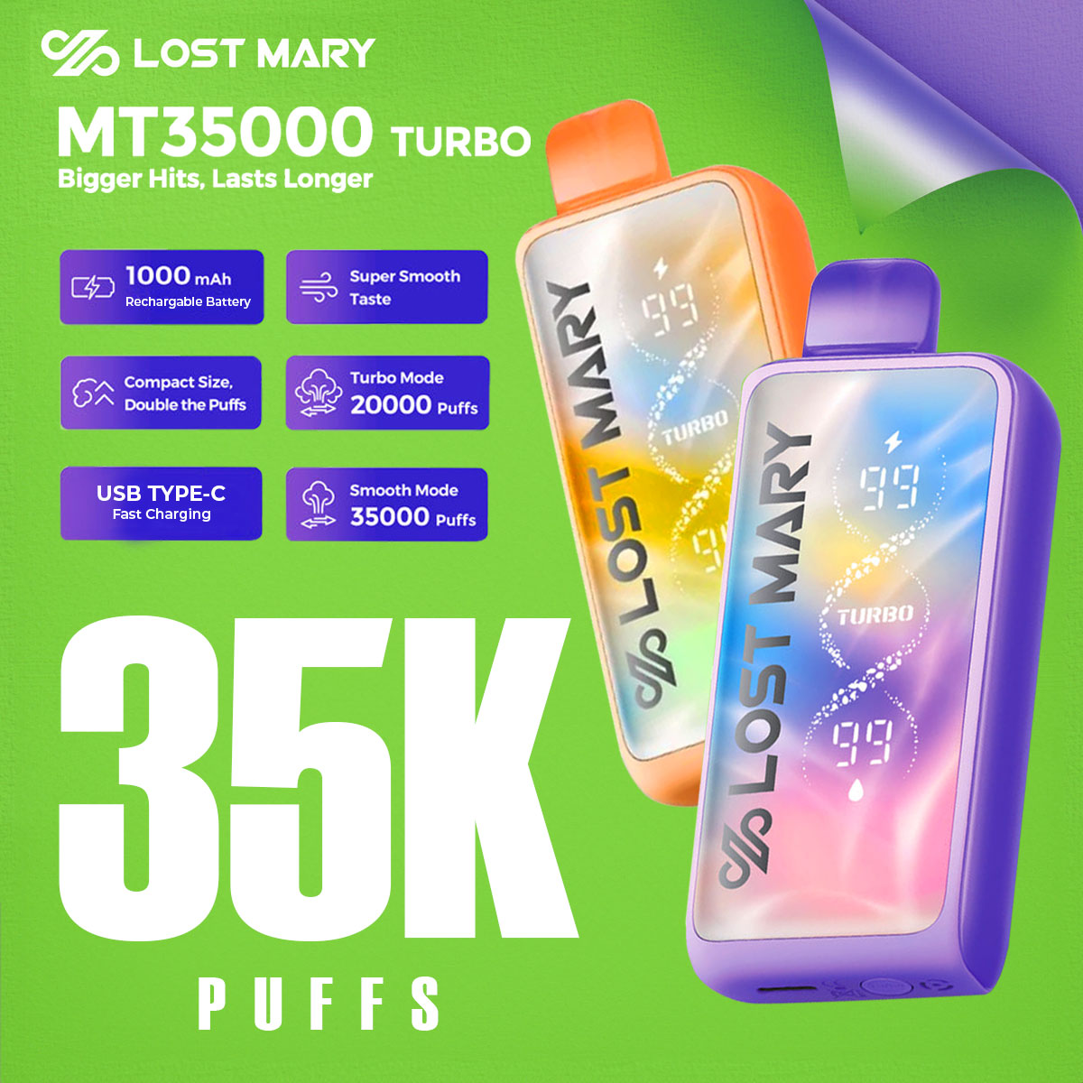 Lost Mary MT35000 Turbo vape device with colorful design on a green background