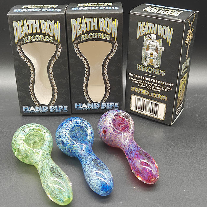 Three glass hand pipes in green, blue, and pink with 'Death Row Records' packaging in the background.
