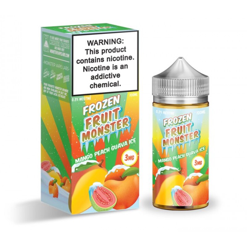 Mango Peach Guava Ice by Frozen Fruit Monster is tropical blend of mangos, peaches, and guava with an icy menthol kick. (70/30 vg/pg)