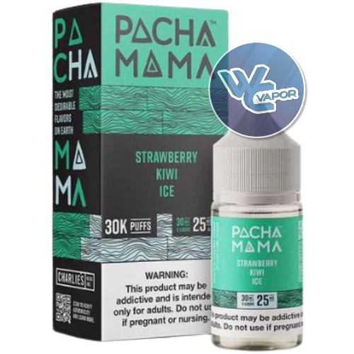 Pacha Mama Strawberry Kiwi Ice vape juice packaging with a blue WC Vapor logo.