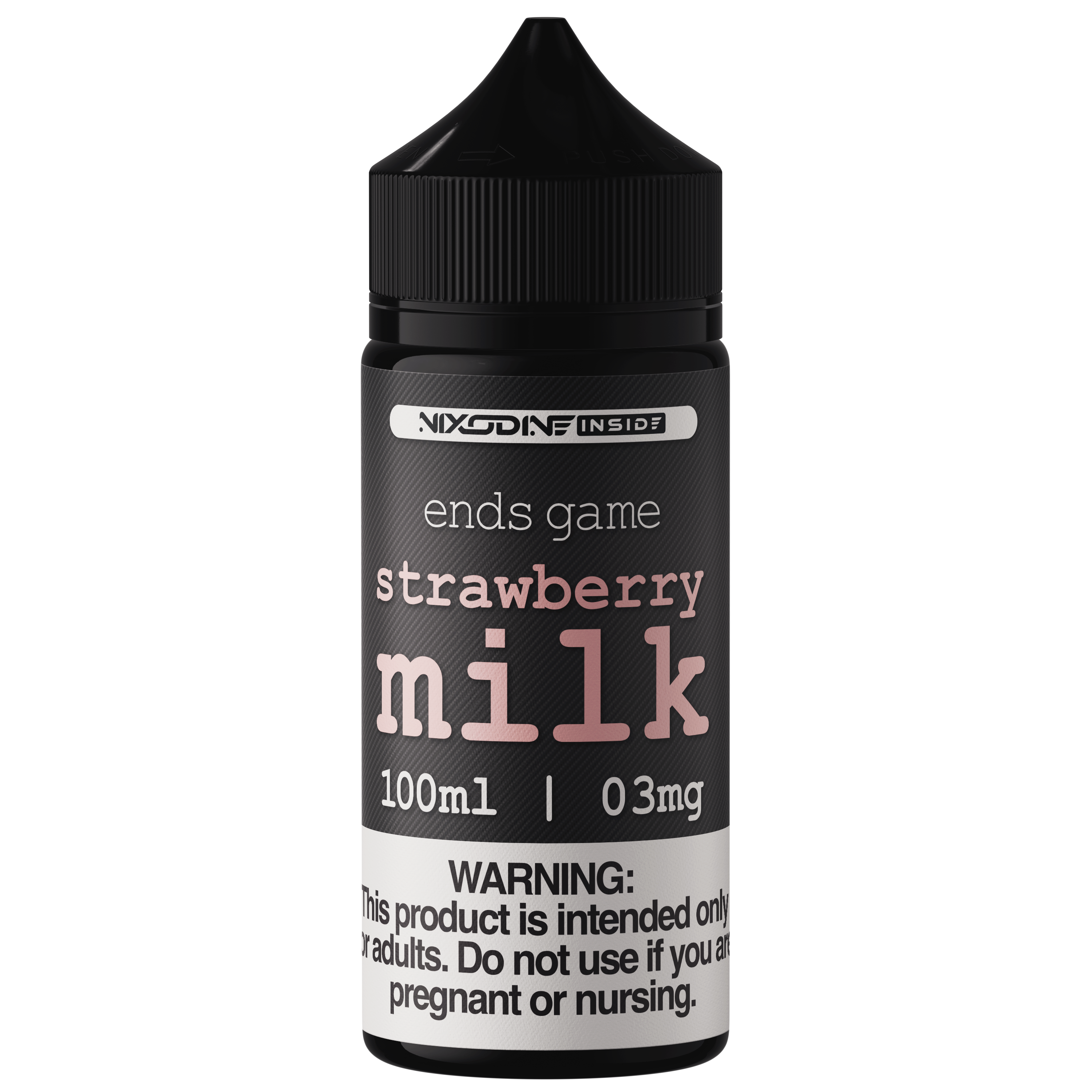 Bottle of strawberry milk e-liquid with Nixotdne inside on a white background