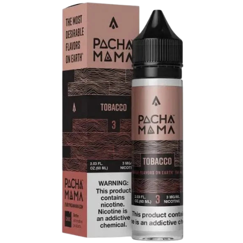 Pacha Mama Tobacco e-liquid bottle and packaging on a white background