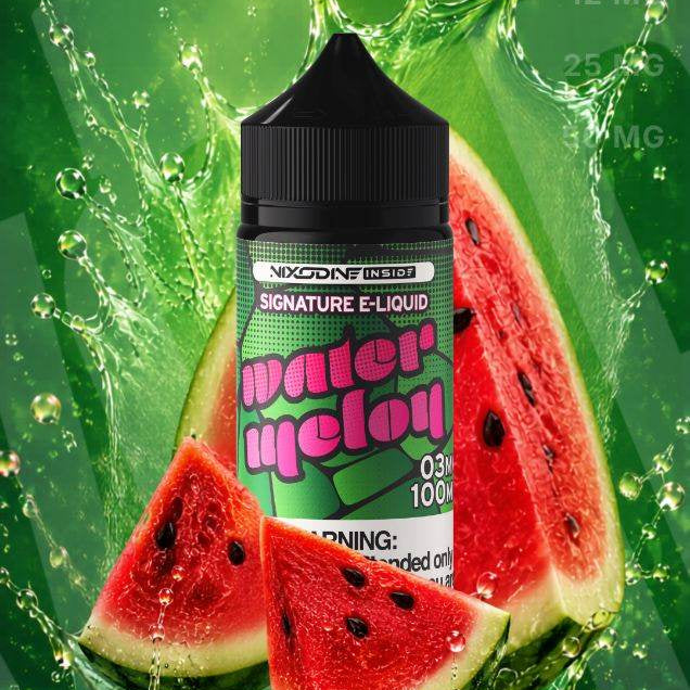 Nixodine Signature 100 Watermelon e-liquid bottle with watermelon slices on a green background