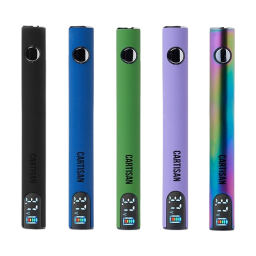 The Cartisan Neo Pro has a stylish design and various colors. Change the power setting with three clicks for a personalized experience. Display screen shows 5 settings: 2.1V, 2.5V, 2.9V, 3.3V, or 3.7V. Compatible with most 510 cartridges.