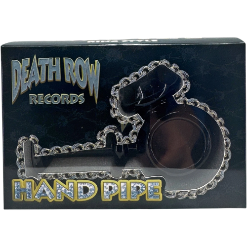 Black and silver hand pipe with 'Death Row Records' branding on a black background