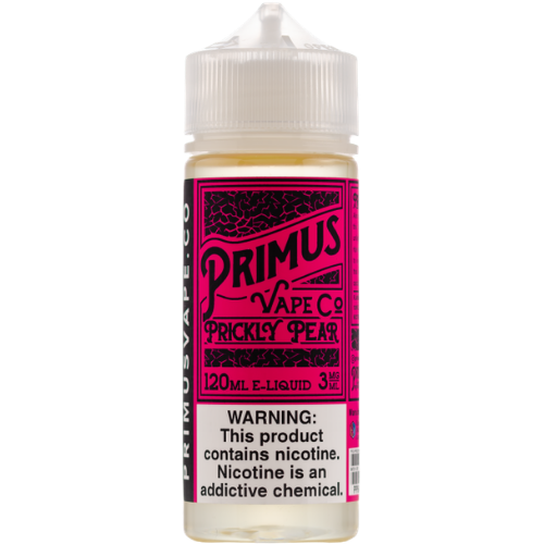 Primus Vape Co Prickly Pear e-liquid bottle with pink label on a transparent background