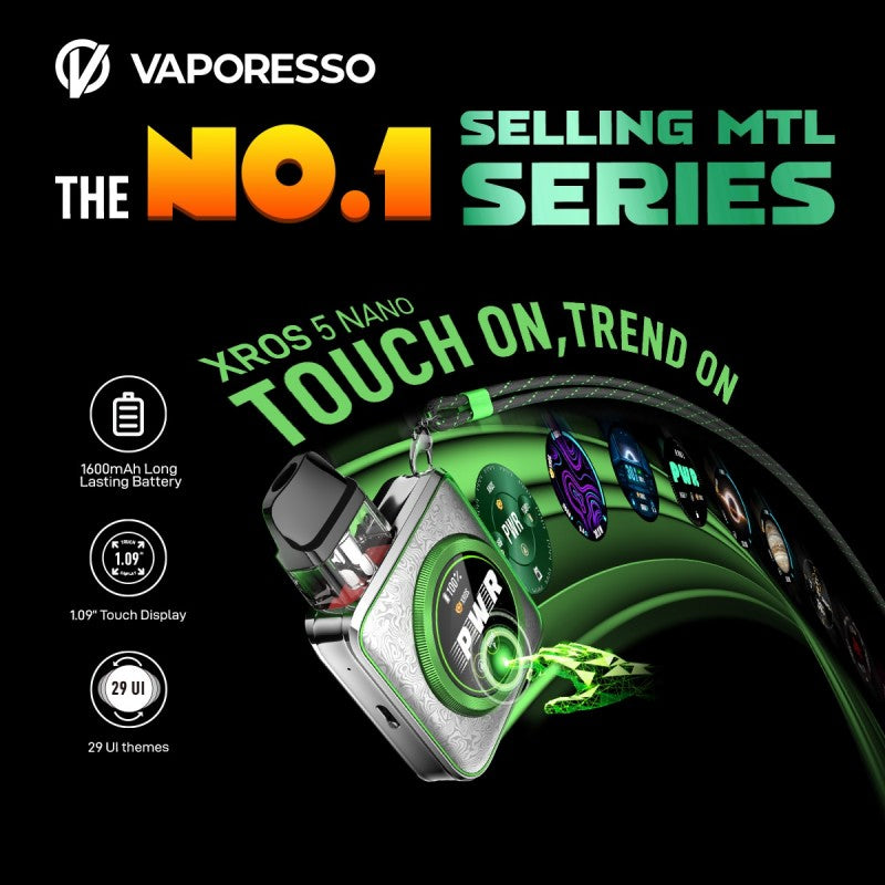 Vaporesso XROS 5 Nano vaping device with product features on a black background
