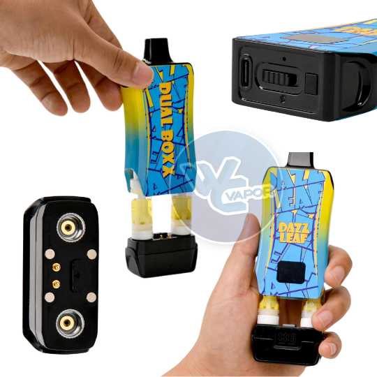 The DazzLeaf - Dual Boxx is a compact device with an LED screen, preheat mode, four voltage settings, and multiple safety features. It can hold two 510 cartridges and has three mode options. The LED screen displays battery level, voltage, and puff counter. The mod is compatible with cartridges up to 15mm and has temperature settings of 2.4V, 3.0V, 3.6V, and 4.2V
