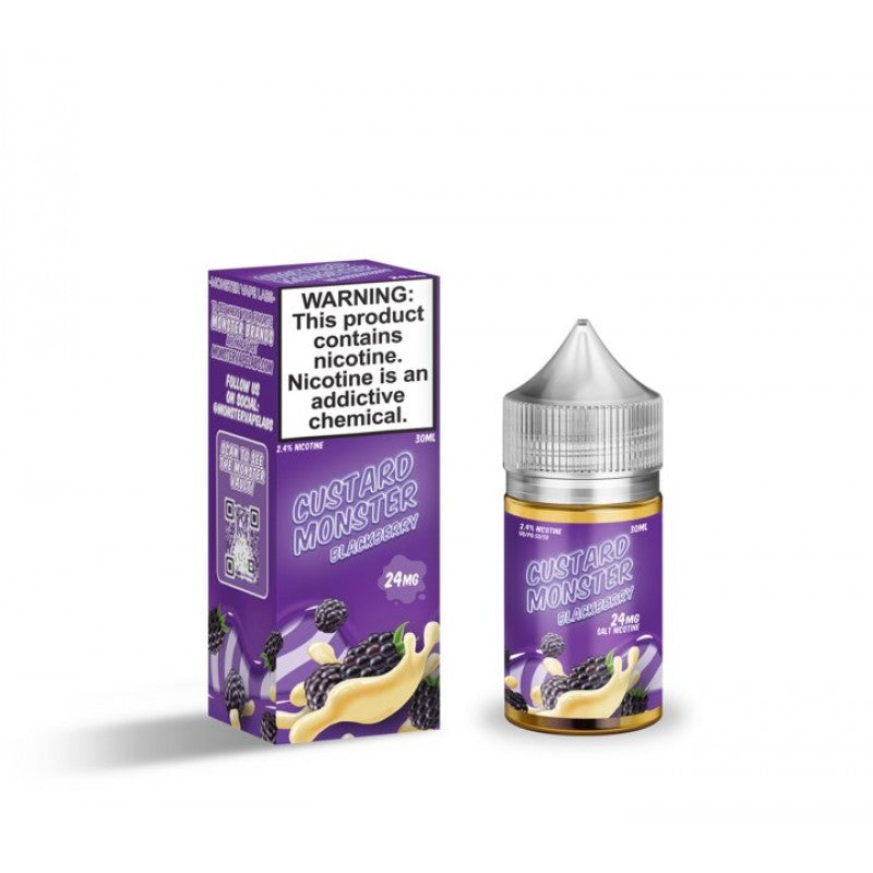 Blackberry Custard Salts by Custard Monster is a sweet and creamy vanilla custard with fresh blackberries. (50/50 vg/pg)