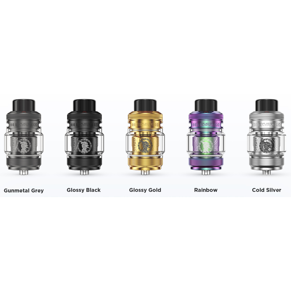 Five vape tanks in different colors on a white background