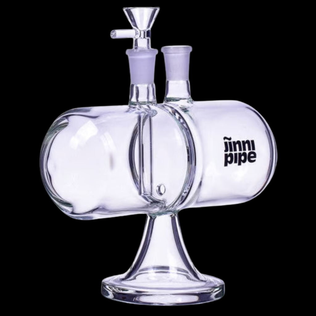Clear glass smoking device with 'jinni pipe' branding on a black background