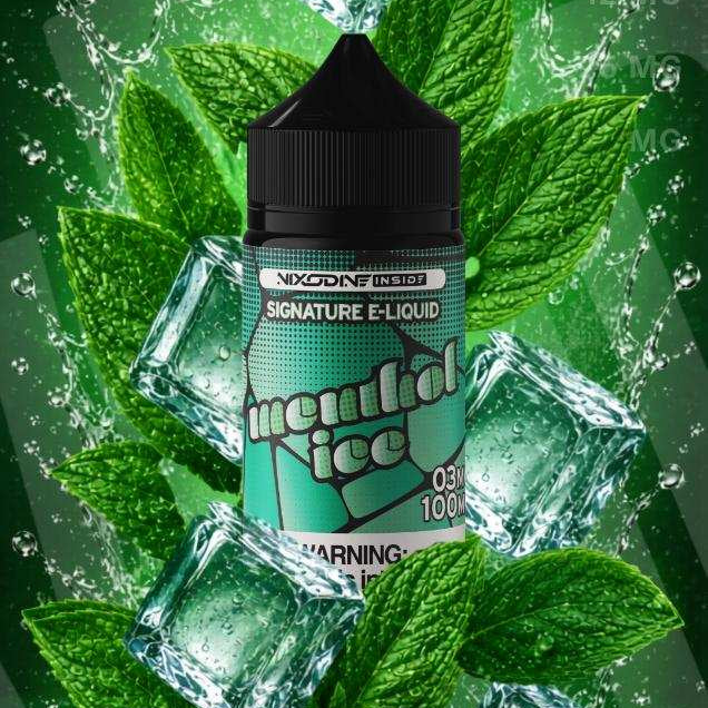 E-liquid bottle with mint leaves and ice cubes on a green background