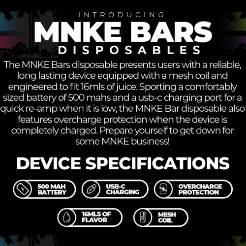Unleash bold flavor with the MNKE Bars XL 2500 Puffs, a pocket-friendly 8mL disposable vape with 5% nic salt and a 1.1Ω mesh coil for intense hits. No buttons, no leaks—just grab, vape, and go. Savor vibrant options like Mango, Mint, Grape, Blue Razz, or Peach. Encased in a tough aluminum shell with a 550mAh USB-C battery and pass-through charging, it’s built for non-stop vaping. Effortless, flavorful, and satisfying