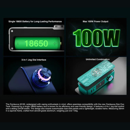 The Centaurus M100 Mod by Lost Vape boasts an efficient single 18650 battery and a convenient 3-in-1 control system. Upgrade your device with customizable panels and a powerful QUEST 2.0 chipset. Enjoy a comfortable vaping experience with the activation button and 360° rotation button, and easily activate your device with the tactile On/Off slider switch.