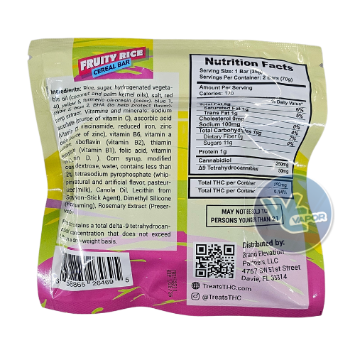 Indulge in delectable flavor and a transcendent high with Treats Fruity Rice Cereal Bars. This tantalizing snack combines fruity cereal with just the right amount of THC for an exhilarating journey. Each bar contains a potent 2500mg of CBD and 100mg of Delta 9 THC, making it the ideal mood-boosting treat for any occasion.