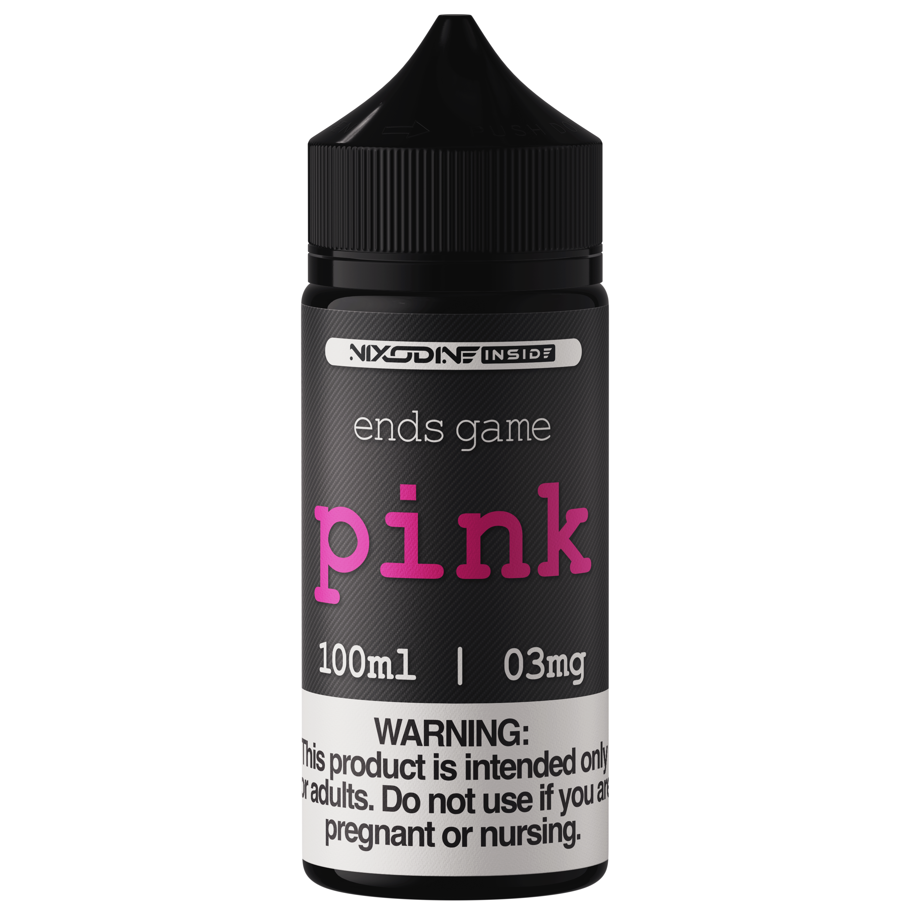 Vape juice bottle labeled 'ends game pink' with warning on a white background