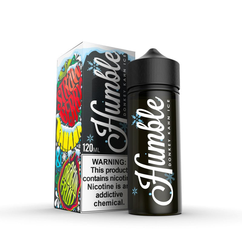 Donkey Kahn Ice by Humble OG is strawberry banana smoothe with the hint of dragonfruit finished with an icy menthol blast, (70/30 vg/pg)