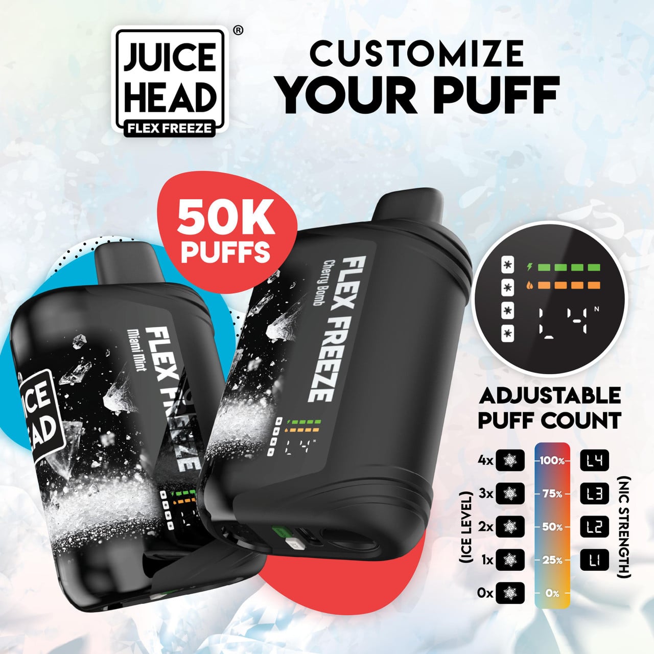 Juice Head Flex Freeze vape device with customizable puff settings on a white background