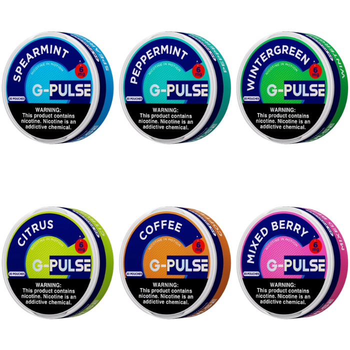 Six containers of G-Pulse nicotine pouches in different flavors.