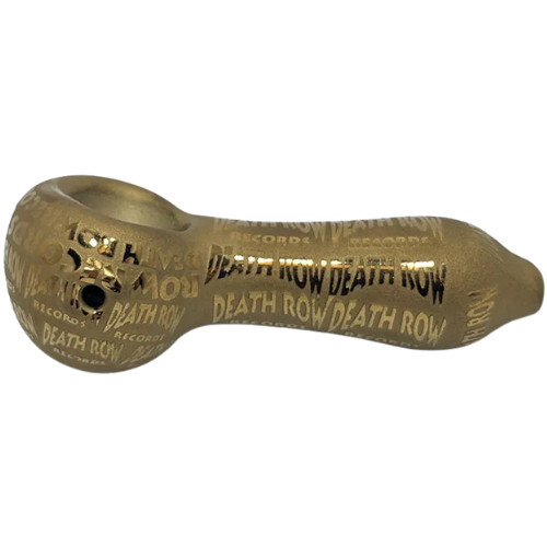 Bronze-colored smoking pipe with 'Death Row' text on a clear background