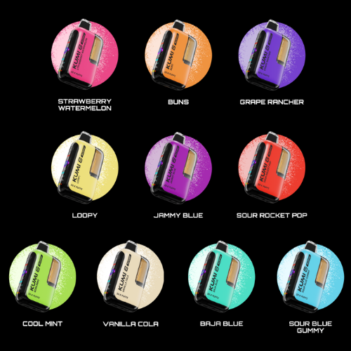 Kumi 6 Scenic dispsoable flavors of a with colorful labels on a black background