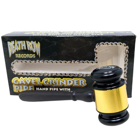 Death Row Records 5" 2-in-1 Gavel Hand Pipe and Grinder with packaging labeled 'Death Row Records' on a clear background