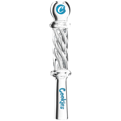 Clear glass smoking accessory with 'Cookies' branding on a white background
