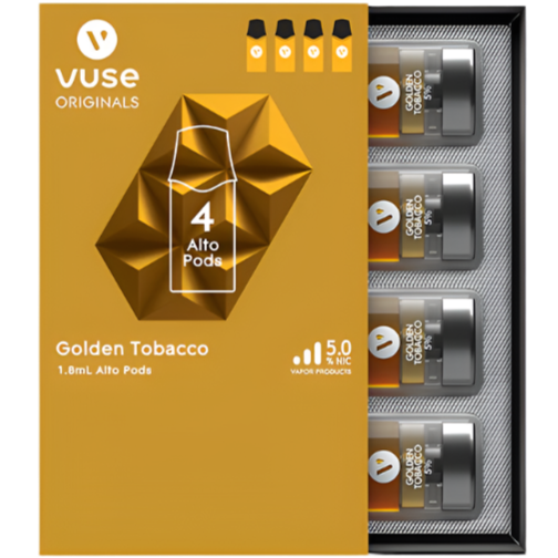 Golden Tobacco Vuse Alto Pods are compatible with the Vuse Alto Power Unit. There are 4 pods to a pack.