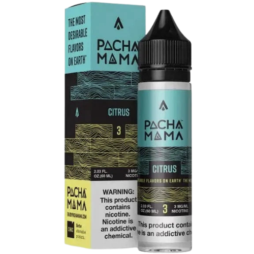 Pacha Mama Citrus vape juice bottle and packaging on a white background