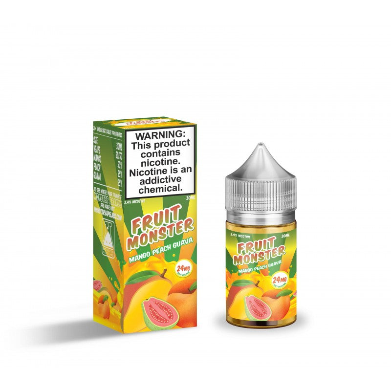 Mango Peach Guava Salt by Fruit Monster is a tropical blend of ripe mango, fresh peaches, and guava. (50/50 vg/pg)