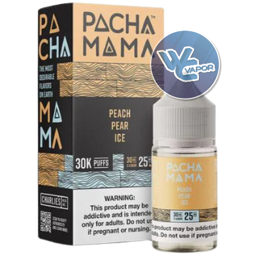 Pacha Mama vape device packaging with a bottle labeled 'Peach Pear Ice'