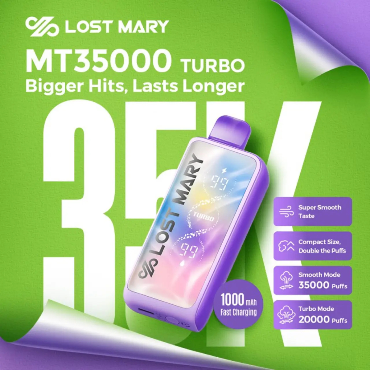 Lost Mary MT35000 Turbo vape device on a green and purple background with product features listed.