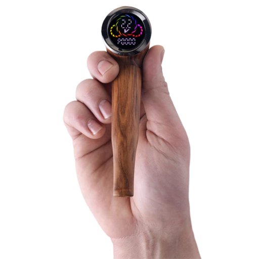 Hand holding a wooden device with a digital display on a clear background
