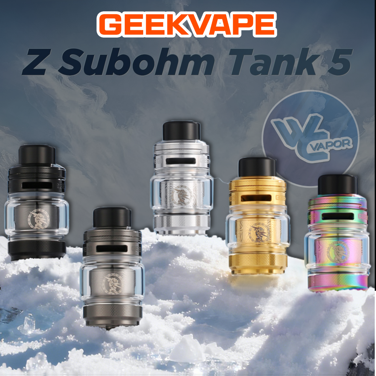 Geekvape Z Subohm Tank 5 with various finishes on a snowy background