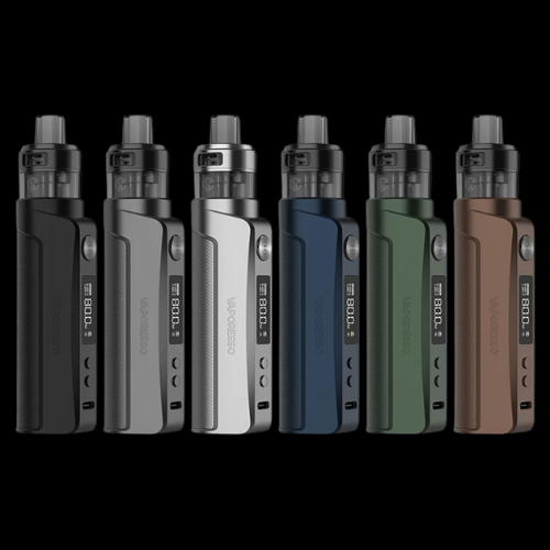 Row of 6 Vaporesso Gen PT 80s Pod Kits with digital displays on a black background