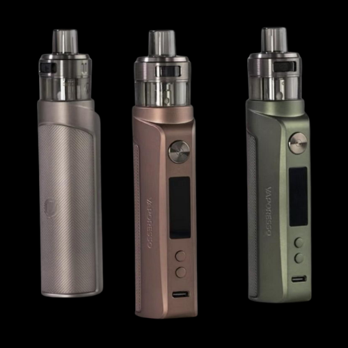 Three vaping devices in different colors on a black background