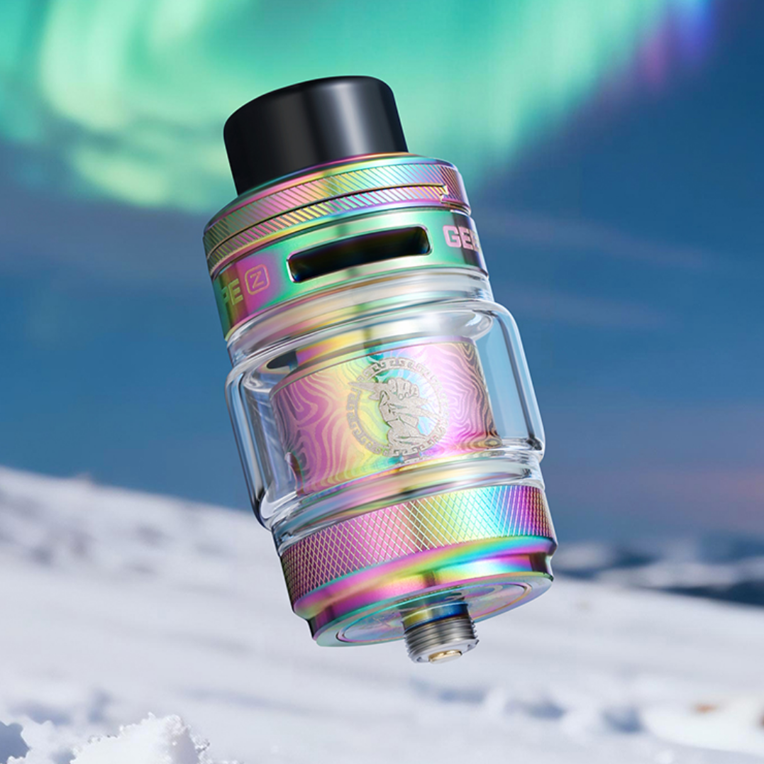 Geekvape Z Subohm Tank 5 with a snowy landscape and sky in the background