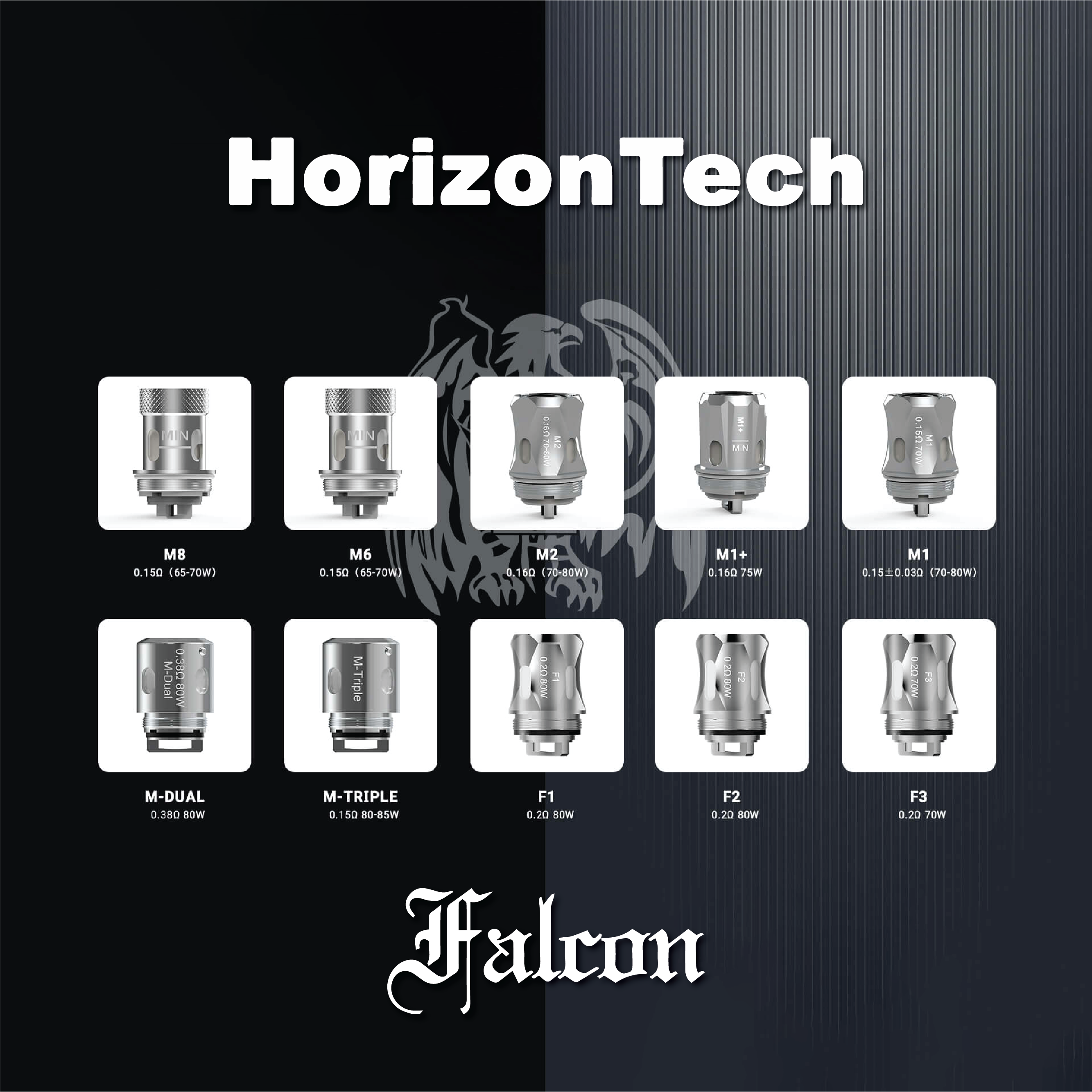 Horizon Tech Falcon Coils are compatible with all Falcon Series Tanks, including the newly revised Falcon Legend.