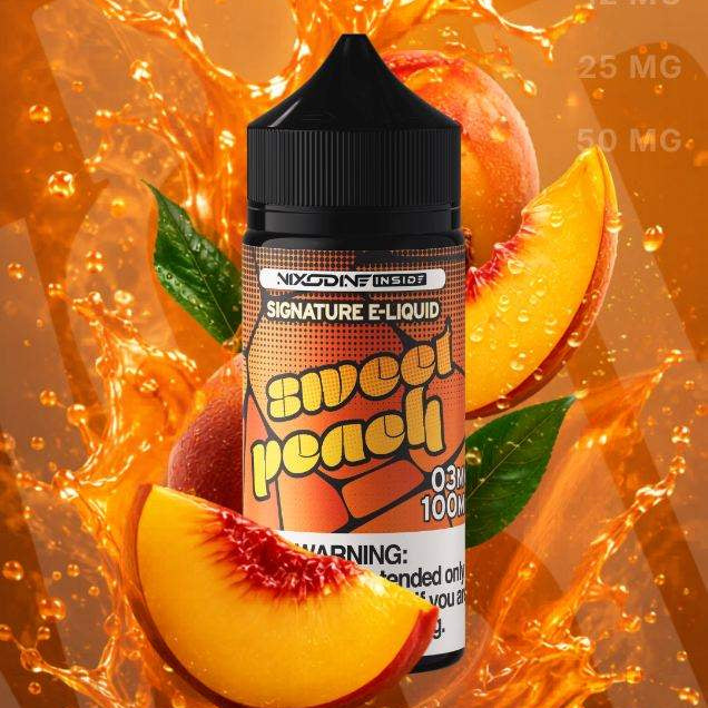 E-liquid bottle with peach flavor on an orange background, featuring the brand Nixodine
