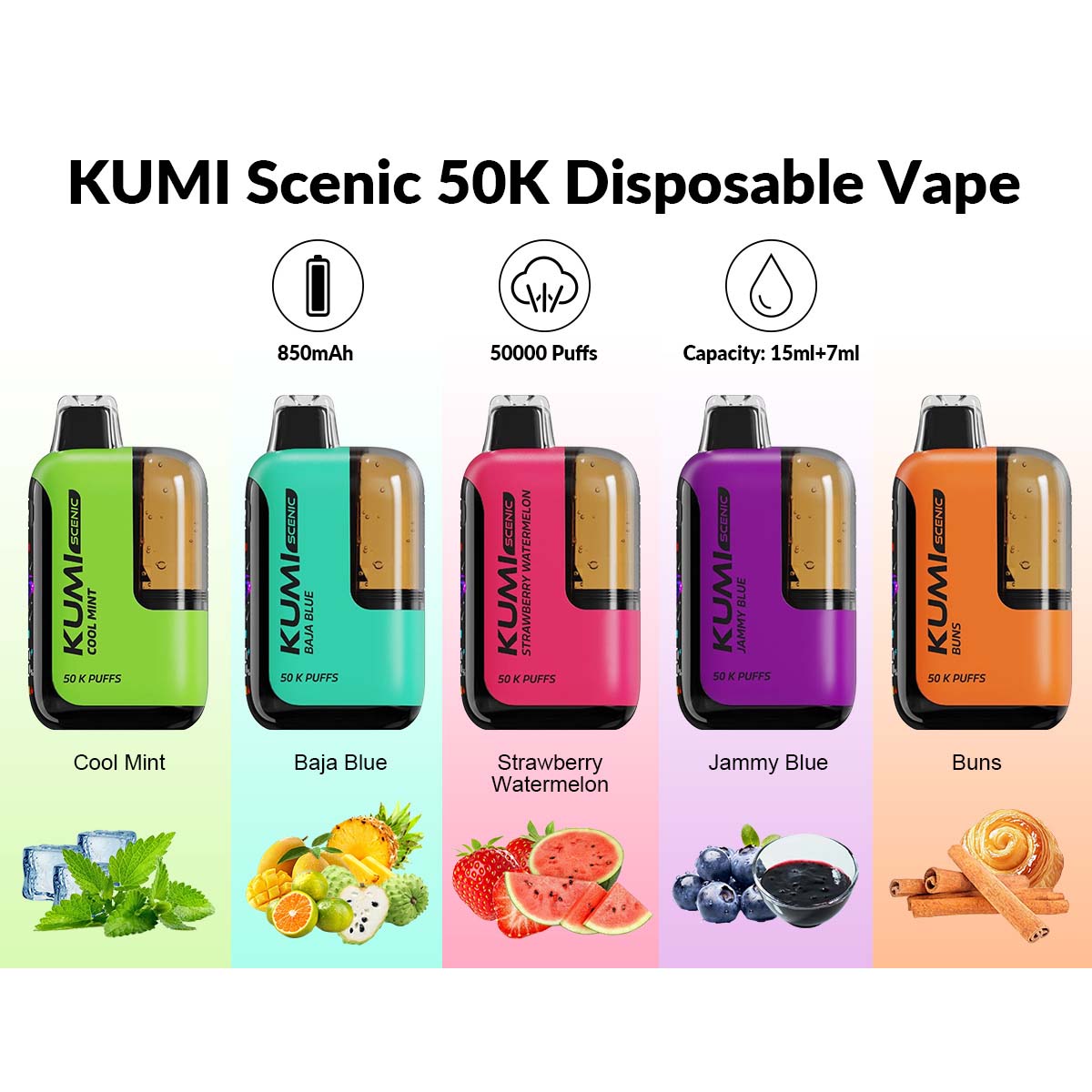 KUMI 6 Scenic 50K Disposable Vape with five different flavors displayed.