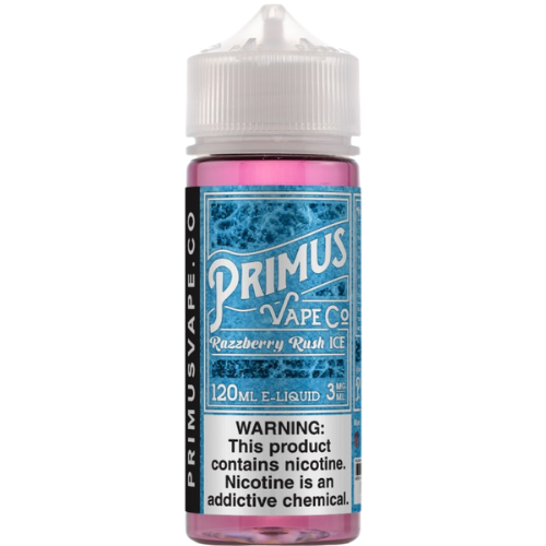 Primus Vape Co e-liquid bottle with blue label on a transparent background